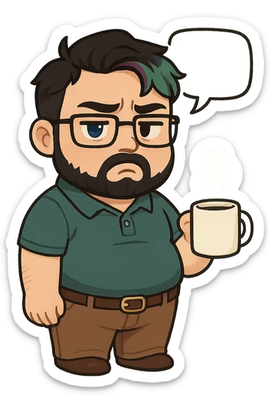 A realism art illustration art style of handsome plus-size man with black hair and a purple to green ombre streak, black beard, blue eye, glasses, dressed like a dad, holding a coffee mug, blank speech bubble, frowning  sticker