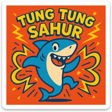 dancing shark surrounded by sound waves and 'tung tung tung sahur', energetic, cartoon style sticker