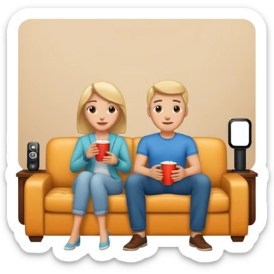 
A couple sitting on a sofa in a room enjoying a movie sticker