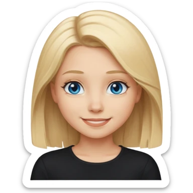 a new character a girl with shoulder length blonde hair wearing black clothes and wearing a cheeky smile she has blue eyes sticker