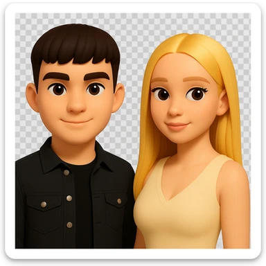 Slightly increase the volume of the upper body of the girl, separate the girl and the boy from each other, make the skin color the same for both characters. Maintain the cartoonish 3D style as in the reference image. Keep the background transparent. sticker