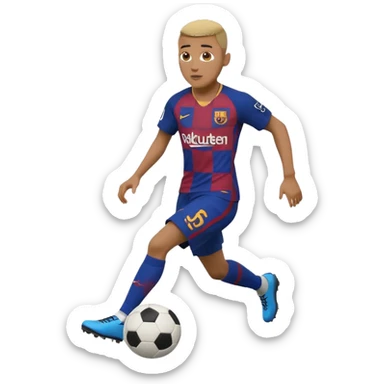 Lamine Yamal dribbling a football, in the 2025 Barca kit, iOS style emoji, HD, precise, dynamic action sticker