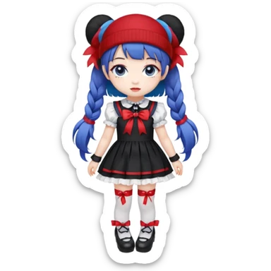 Chibi kawaii girl, violet eyes, black-blue twin tails, red ribbons, red beanie, black & white lolita dress with red accents, white thigh-highs, black mary janes, cute aesthetic. sticker