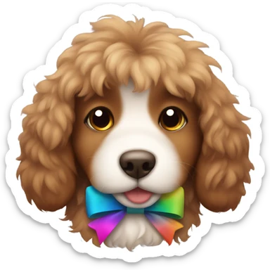 A brown fluffy puppy wearing a bow sticker