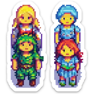 a family of four, pixel art style, cheerful sticker