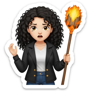 Hej, proszę wygeneruj mi emoji która przedstawia kobietę biała karnacja długie czarne kręcone rozczochrane włosy lekko grubsza, ubrana jest w białą koszulkę oraz czarną rozpiętą kurtkę jest w furii trzyma w rękach wielki badyl sticker