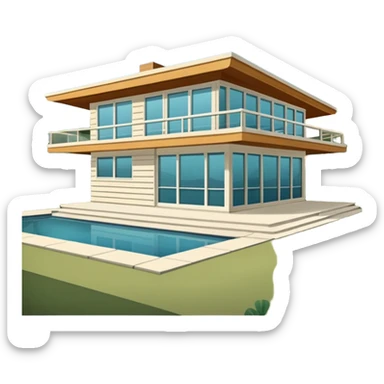 midcentury modern house with 1000 sqft and all windows and a sliding windows on corner. With overhanging shade and slats. sticker