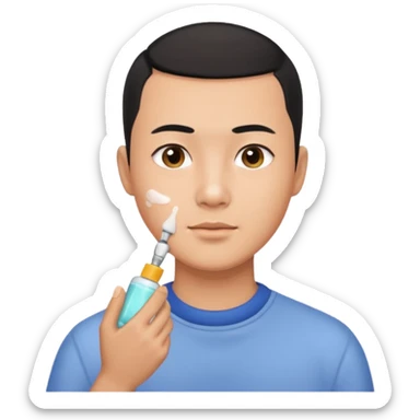 try different skincare products for chinese man with buzz cut (short black hair) doing skincare sticker