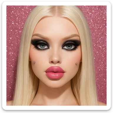 pretty Bratz baddie with platinum blonde straight hair, pale skin, pretty makeup, blue eyes, platinum blonde brows, silver cheek piercings, black smokey eyeshadow, pink lipstick, nose piercing, pink glittery background sticker