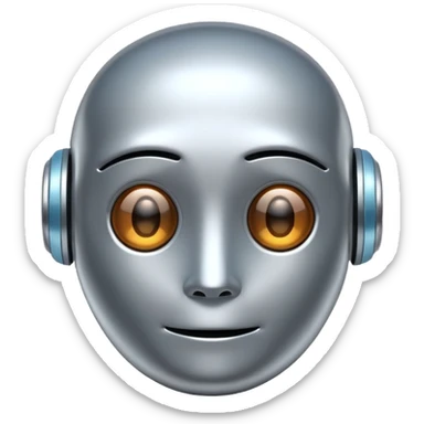 A cute futuristic robot emoji made of silver chrome, rounded friendly body, minimal facial features, glossy metallic surface, soft reflections, iOS emoji style, centered, clean white background sticker