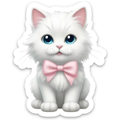 A fluffy white cat with adorable eyes and a light pink bow  sticker