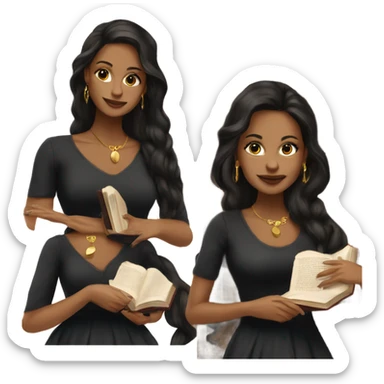 Beautiful skinny woman long dark brown hair in dark dress with gold earrings with book sticker