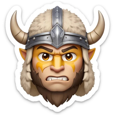 Cinematic Fierce Barbarian Portrait Emoji, Poised and bold with a rugged yet cartoonish build in tattered furs and a horned helmet, expressive bright eyes and a confident smirk, Simplified yet dynamic features, highly detailed, glowing with a vivid, adventurous aura, high shine, heroic and spirited, stylized with an air of medieval warrior charm, focused and energetic, soft glowing outline, capturing the essence of a fearless barbarian adventurer ready to lead his clan with spirited valor! sticker