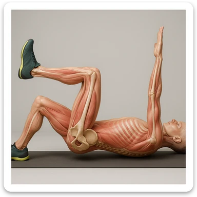 Anatomically hyperrealistic 4K side view of a man in dead bug position with the arm on the ground fully extended above the head, straight, showing pelvis and spine bones, translucent muscles and skin, medical atmosphere, realistic anatomical details. Variant 7, slightly change the position of the feet. sticker