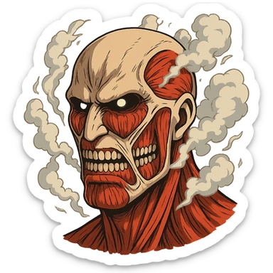 Colossal Titan head, menacing, with steam and muscle detail, anime style sticker