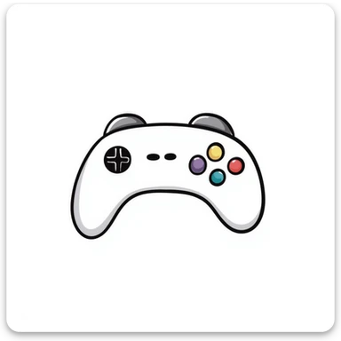 A video game controller/joystick with buttons and D-pad in pastel colors (dd9fb0, ffc6d3, a3bfc9, c4bee2, f1b091), hand-drawn doodle style sticker