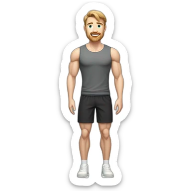 Full height Pale skinned muscular man With Realistic eyes and mouth, light brown hair and stubble In dark gray sleeveless mike, black oversize sports shorts, watch and white sneakers. sticker