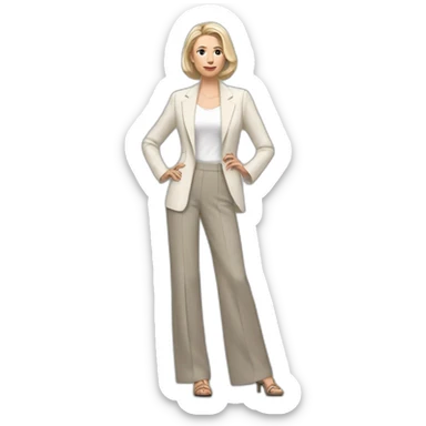 Full height Actively gesturing with hands pale skin woman with ash blonde Straightened bob Hair, White Spacious classical jacket, beige palazzo Arrow pants and gray blouse sticker
