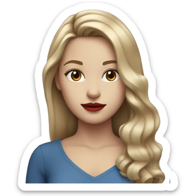 Girl with central line straight dark blonde hair and blue eyes with red lipstick and mascara sticker