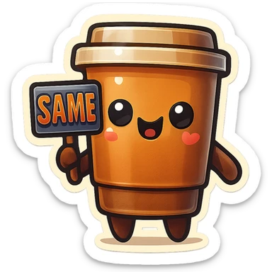 Tall coffee cup, holding sign "same" sticker