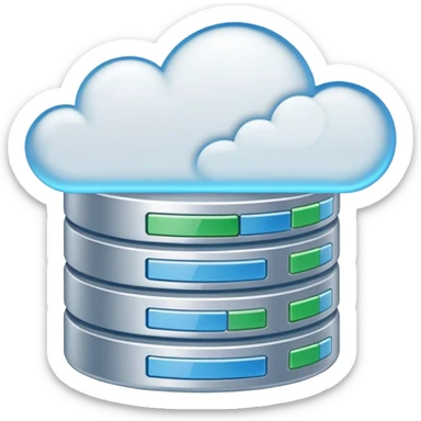 An icon featuring a database server, stacked data disks, and a cloud symbol, representing databases. The design includes binary code, a data structure diagram, and network connections, symbolizing data storage, management, and organization. Transparent background sticker