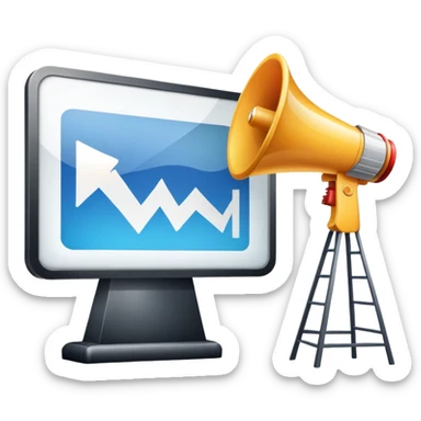 An icon featuring a megaphone, a billboard, and social media icons, symbolizing advertising and public relations. The design includes a press release and a rising graph, representing brand promotion and communication strategies. Transparent background highlights media influence and outreach. sticker