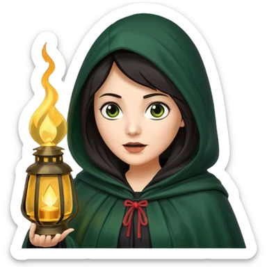 traitor tv show, dark haired woman wearing dark green cloak with hood up who looks evil and is holding up a lantern sticker