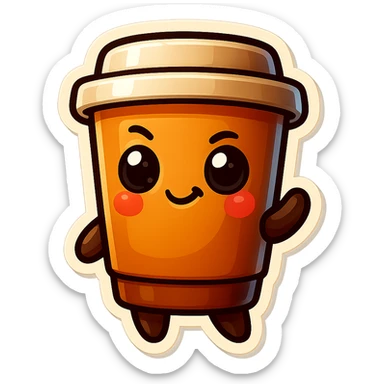 Tall coffee cup, mischievous eyes, thinking sticker