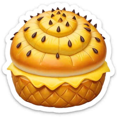 Chinese pineapple bun with crispy yellow top crust, simplified emoji style with bold outlines and bright colors, cartoon style Bo Lo Bao pastry sticker
