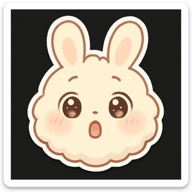 kawaii chibi-style bunny emoji with a round fluffy face, sparkly eyes, blushing cheeks, pastel color palette, surprised mood, soft rounded design, anime-style, black background, vector art sticker