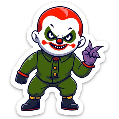 evil clown warrior, bald, small black satan-like horns on forehead, fangs, pointed ears, eye patch over one eye, black and military green leisure suit with bellbottom pants, realistically proportioned, less bulky, full body, battle-ready fighting posture sticker