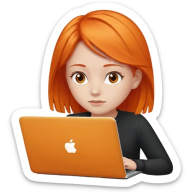 a girl who has a orange hair is using a laptop sticker