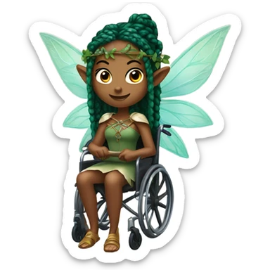 Female, forest fairy, fairy wings, African, pointed elf ears, box braid hair, vines, holding medieval sword, sitting in wheelchair sticker