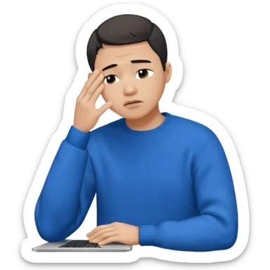 a crying asian handsome guy wearing a blue knit with white shirt, facepalming with only one hand, with a macbook, only upper body, high quality.  sticker