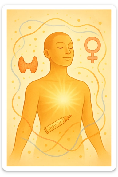  Il corpo è circondato da simboli delicati e bilanciati che rappresentano equilibrio ormonale e metabolico: piccoli cerchi, flussi energetici colorati, simboli stilizzati di tiroide, insulina, estrogeni. Pelle radiosa, postura aperta e rilassata. Atmosfera serena, colori caldi e morbidi, luce naturale dorata, sensazione di benessere totale e vitalità interiore. sticker