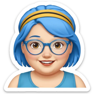 fat woman with blue hair and glassess and headband sticker