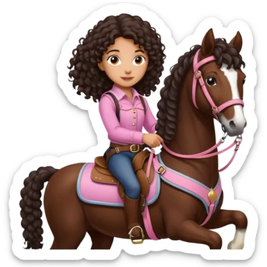 Realistic mixed race girl with long dark brown curly hair, riding a big shire draft horse, wearing pink harness and saddle  sticker