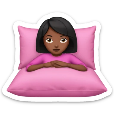 Dark skin woman with black bob in hair wearing pink laying head on pillow  sticker