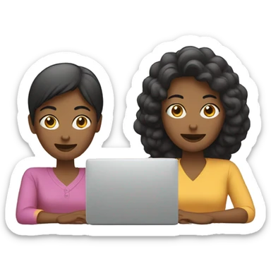 two women sitting at a computer sticker