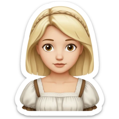 Mujer rubia con mechas un poco oscuras, cabello semilargo, vestido campesino blanco sticker