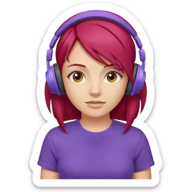 girl with purple headphones and tshirt red hair sticker