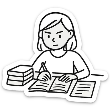 A girl preparing for exams, sitting at a desk with books and notes, looking focused and determined, in a minimalist line art style. sticker