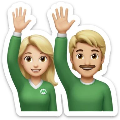 blonde female Luigi and a normal brown hair male mairo. They are friends! Maybe highfiving or just smiling sticker