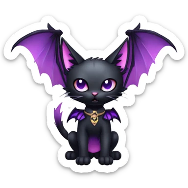   cool edgy kawaii ethereal dark-punk-themed animal vampiric cat-hybrid Fakemon with fangs and bat-wing-ears with a collar full body sticker