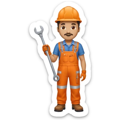 Indian male railway engineer orange overalls, boots holding a spanner sticker