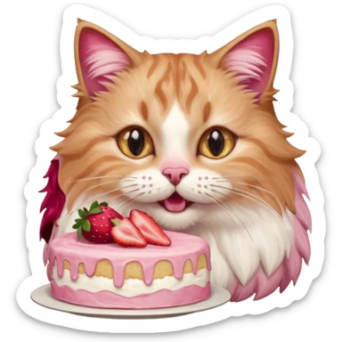 Close-up portrait of a fluffy cat eating a strawberry cake, pink cream on its nose and whiskers, detailed fur texture, soft natural light, shallow depth of field, high resolution, cute and candid moment
 sticker