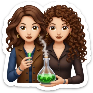 potion combo success — long wavy brown hair tattooed woman and short tight curly brown hair woman — vial connect sticker