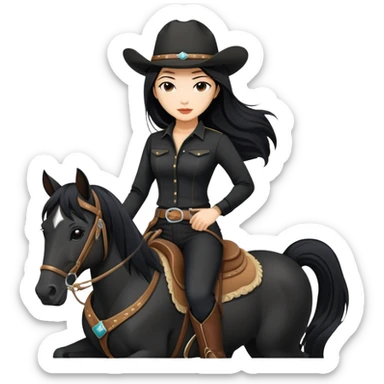 confident Asian woman with long black hair wearing black outfit riding a horse cowgirl style sticker