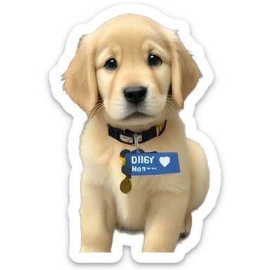 dark golden retriever puppy with a name tag that collar that says Digby sticker