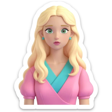 blonde with long hair and swamp eyes in a pink pastel dress, thoughtful, 3D iOS realistic emoji style sticker